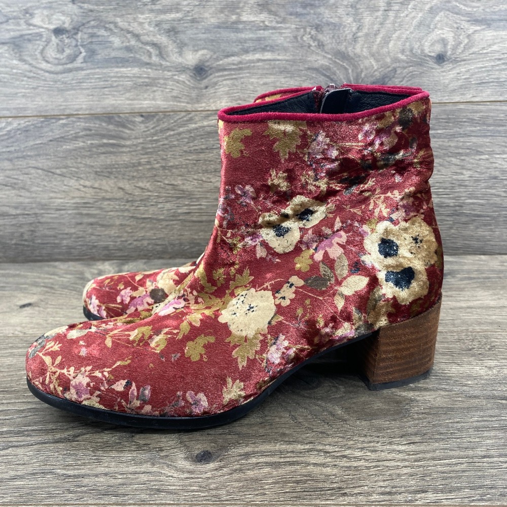 Elysess Women Floral Velvet Ankle Boots Side Zip Chunky Heel Burgundy 37 US 6.5
